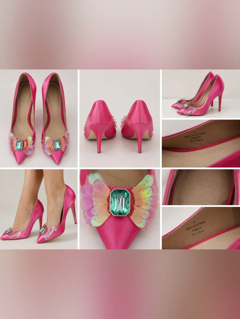 ASOS Hot Pink Satin Pointed-Toe Stiletto Pumps with Gem & Sequin Detail